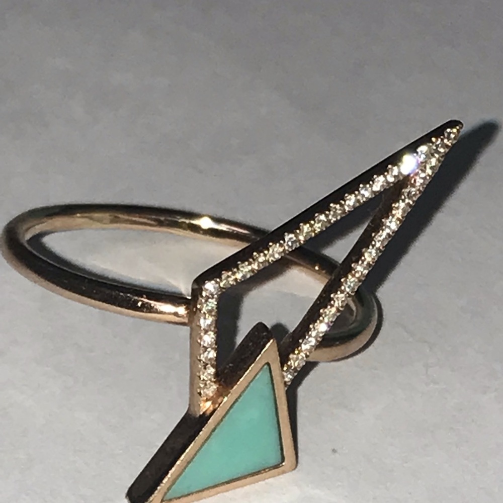 14k rose gold turquoise, diamond pave ring, sz9 - Picture 2 of 2